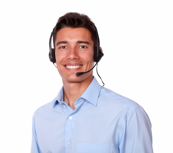 Adult charismatic man with headphones smiling — Stock Photo, Image