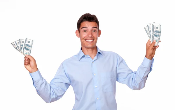 Charismatic male standing and holding money — Stock Photo, Image