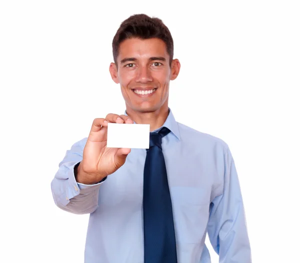 Handsome male holding blank business card — Stock Photo, Image