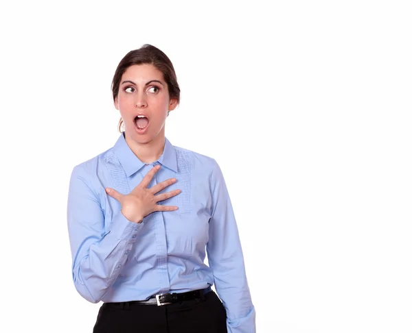 Surprised beautiful woman on blue blouse — Stock Photo, Image