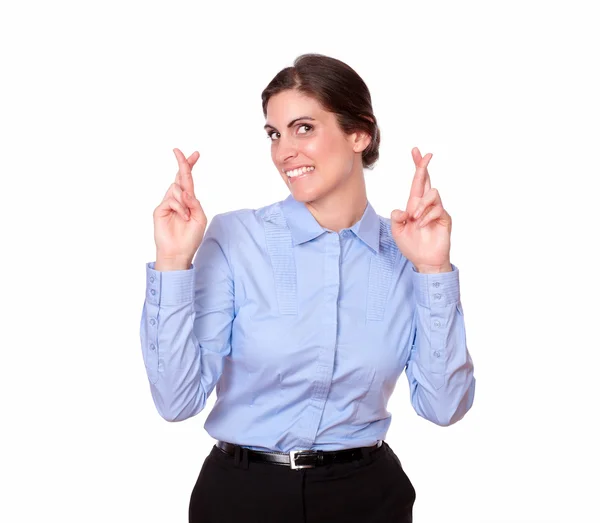 Charming gorgeous woman crossing her fingers — Stock Photo, Image