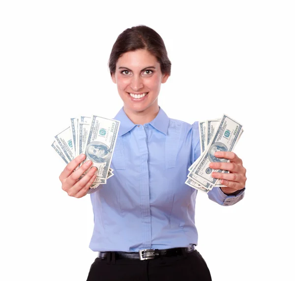 Woman holding cash dollars — Stock Photo, Image