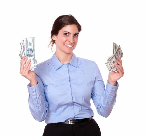 Female holding cash dollars — Stock Photo, Image