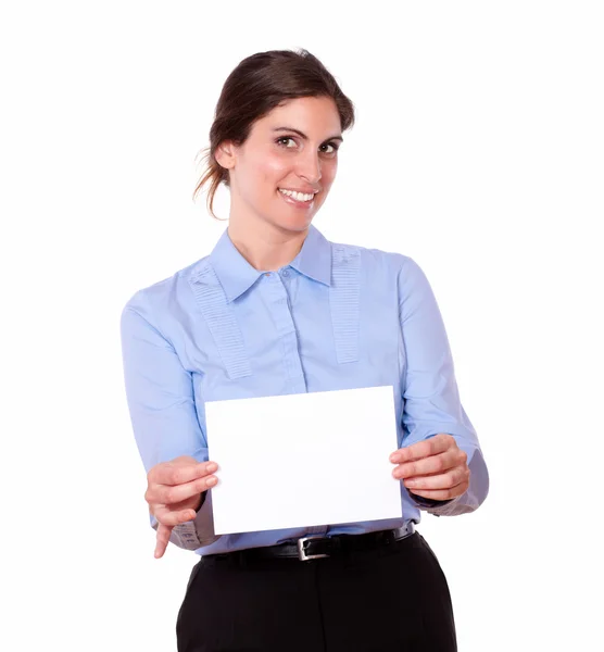 Woman holding a blank card — Stock Photo, Image