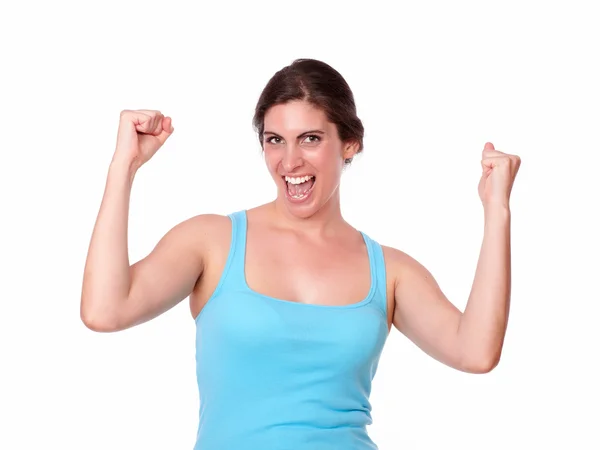 Passar kvinna i gym kläder fira en seger — Stockfoto