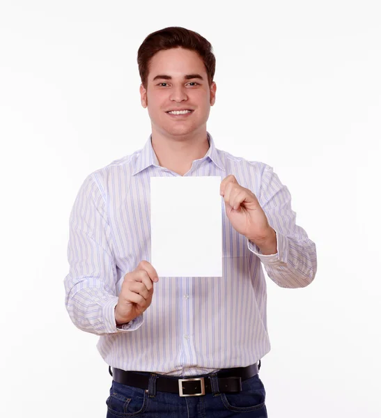 Adult man holding up a blank card of copyspace — Stock Photo, Image