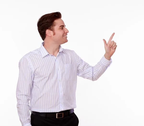Adult caucasian male pointing to his left — Stock Photo, Image