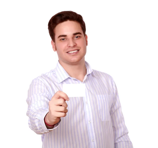 Charismatický zrzka muž drží bílou kartu — Stock fotografie