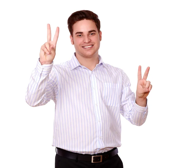 Charming caucasian man with victory sign — Stock Photo, Image