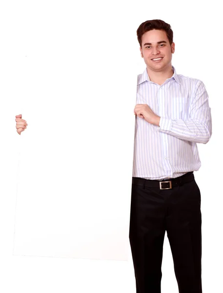 Attractive guy holding up a white placard — Stock Photo, Image