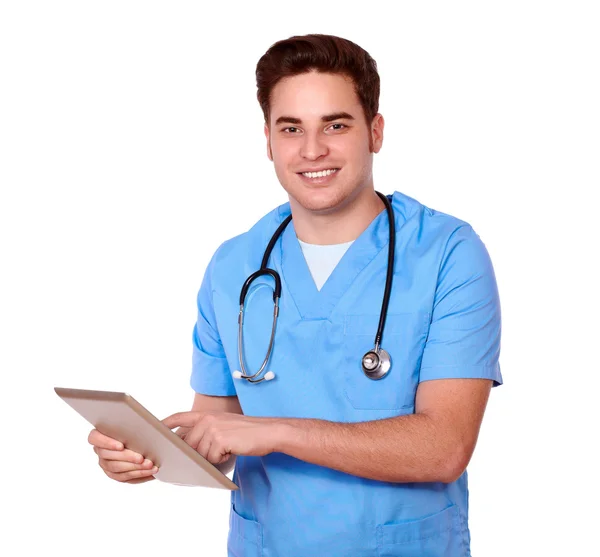 Kavkazská ošetřovatel pomocí počítače tablet pc — Stock fotografie