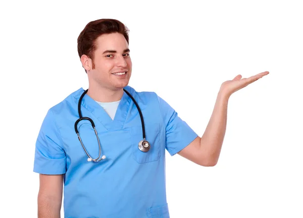 Atraktivní zdravotní sestra drží levou dlaň — Stock fotografie