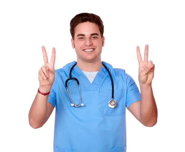 Cute nurse man with two victory sign — Stock Photo, Image