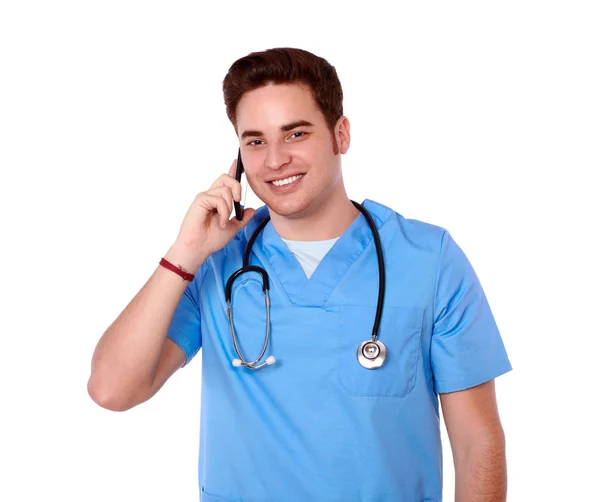Tıbbi hemşire adam onun cep telefonunuzun konuşma — Stok fotoğraf