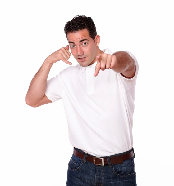 Adult hispanic guy with conversing gesture — Stock Photo, Image