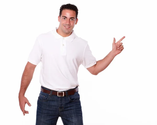 Charming man pointing to his left — Stock Photo, Image