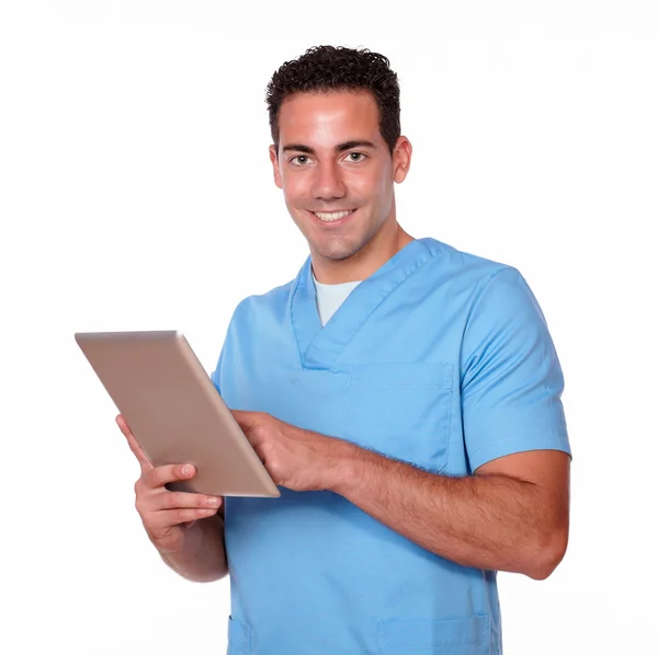 Charmante Krankenschwester Mann mit seinem Tablet-PC — Stockfoto