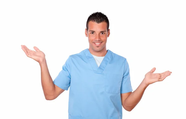 Charming nurse guy holding up his hands — Stock Photo, Image