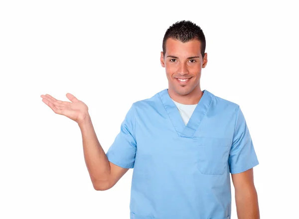Enfermeira do sexo masculino segurando sua palma direita — Fotografia de Stock