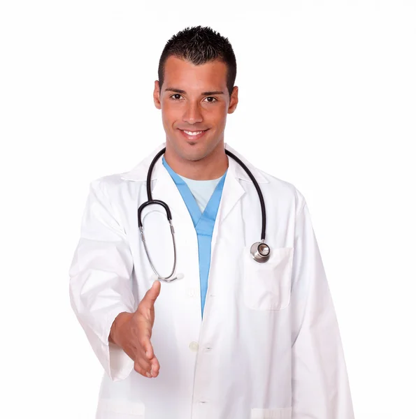 Medical hispanic doctor with greeting gesture — Stock Photo, Image