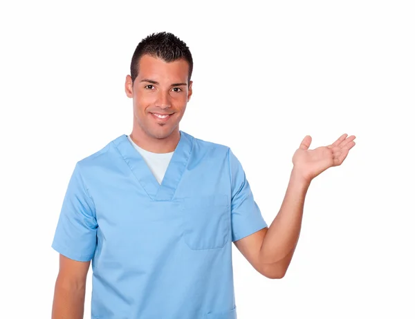 Krankenpfleger hält seine linke Handfläche hoch — Stockfoto