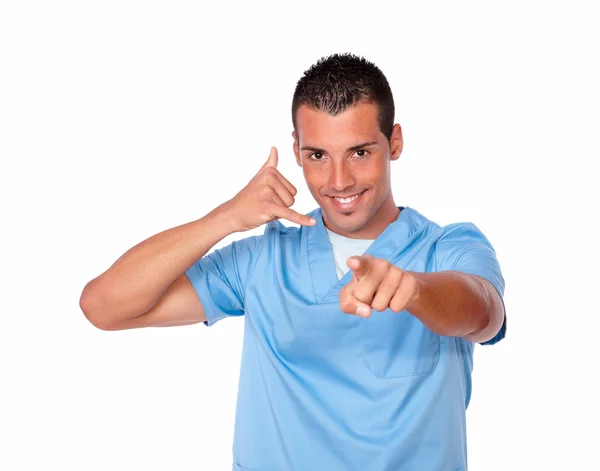 Nurse guy with call gesture pointing at you — Stock Photo, Image