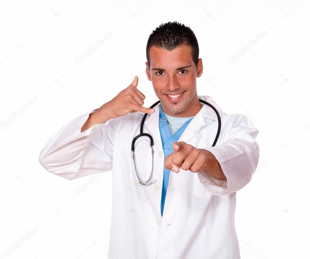 Professional doctor with call sign pointing