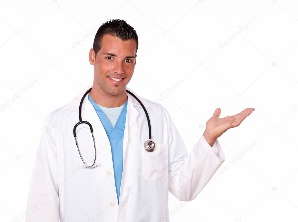 Adult hispanic doctor holding out his left palm