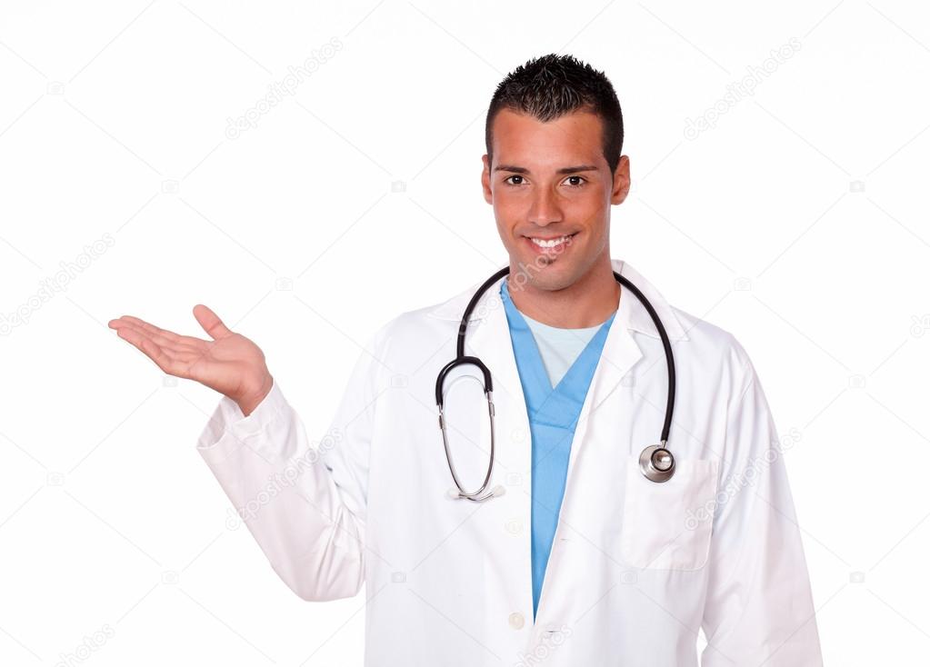 Medical hispanic doctor holding out his right palm