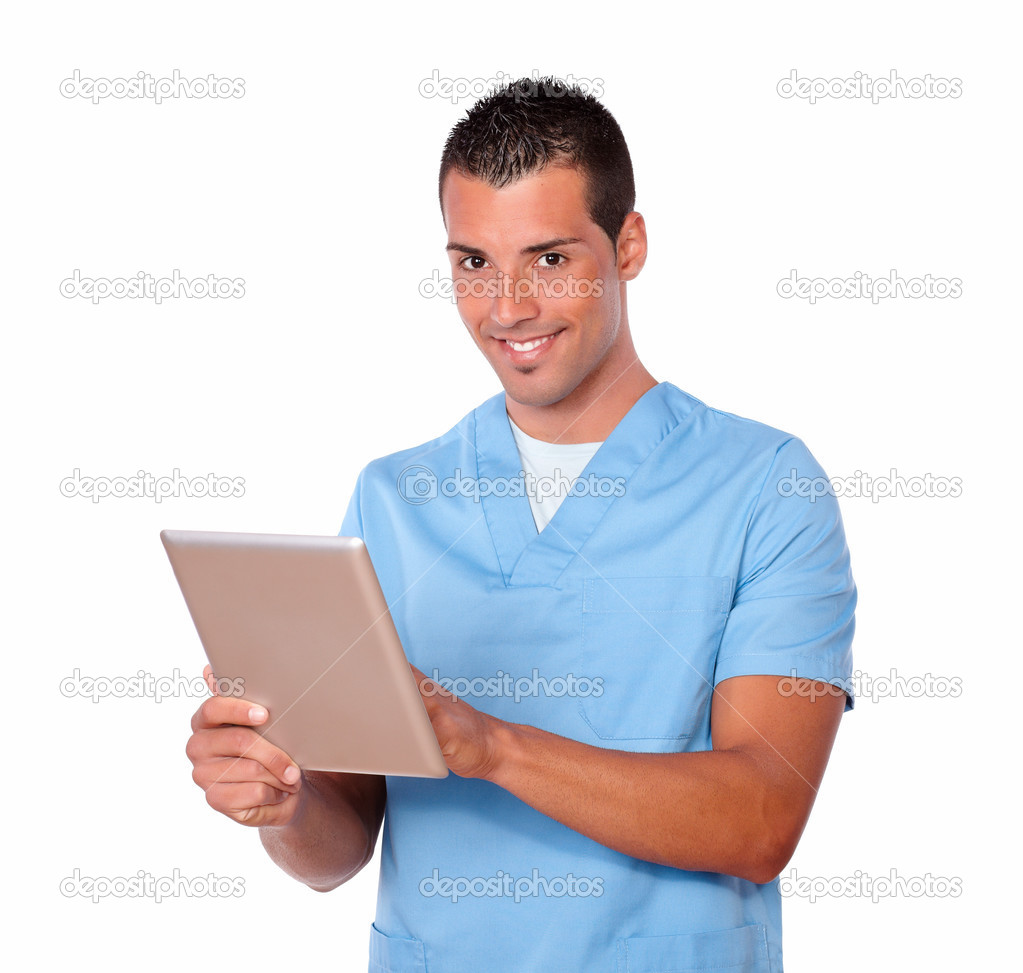 Handsome nurse man using his tablet pc
