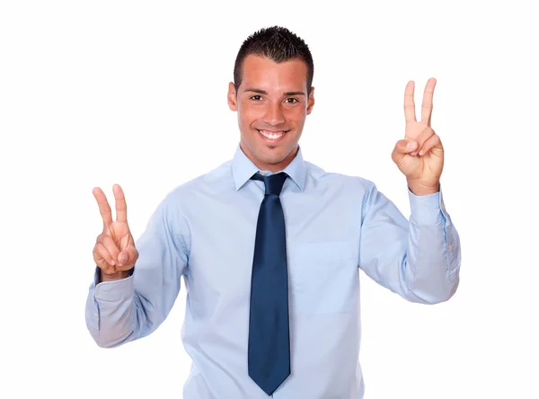 Charismatic guy with two victory gesture — Stock Photo, Image