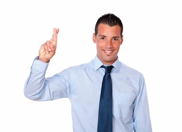 Cute young businessman with luck gesture — Stock Photo, Image