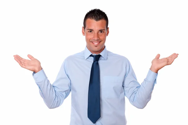 Gorgeous man holding up his palms and smiling — Stock Photo, Image