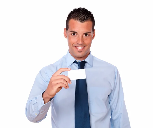 Attractive young man holding a business blank card — Stock Photo, Image