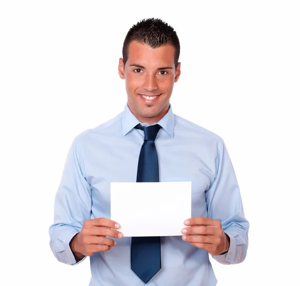 Cute hispanic guy holding a blank card — Stock Photo, Image