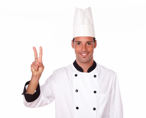 只有专业的厨师用胜利的手势 — 图库照片