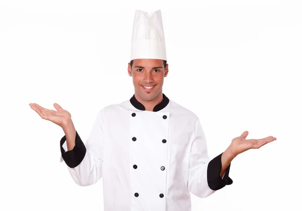 Handsome hispanic chef holding up his hands — Stock Photo, Image