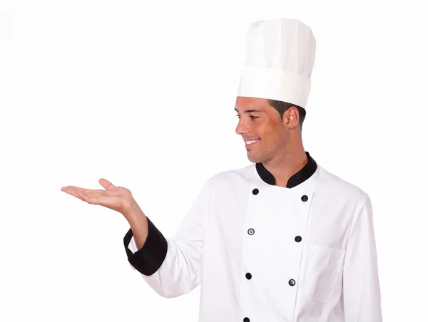 Latin chef holding up his right hand — Stock Photo, Image