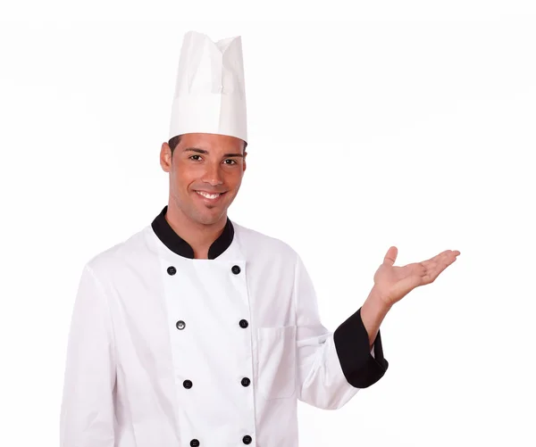 Alone chef holding up his left hand — Stock Photo, Image