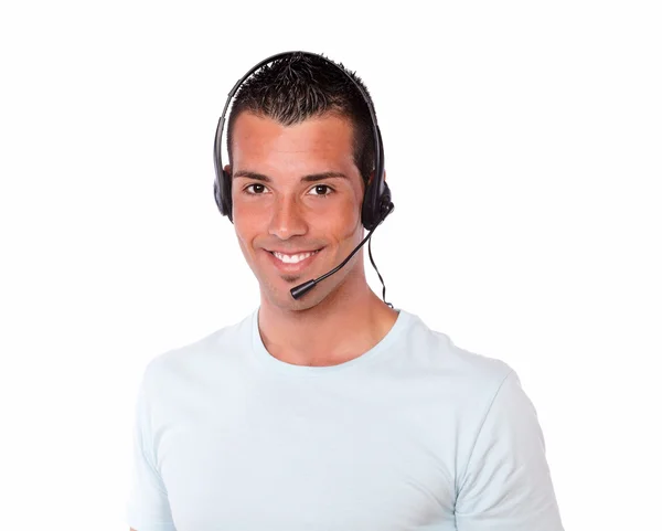 Handsome hispanic guy conversing with microphone — Stock Photo, Image