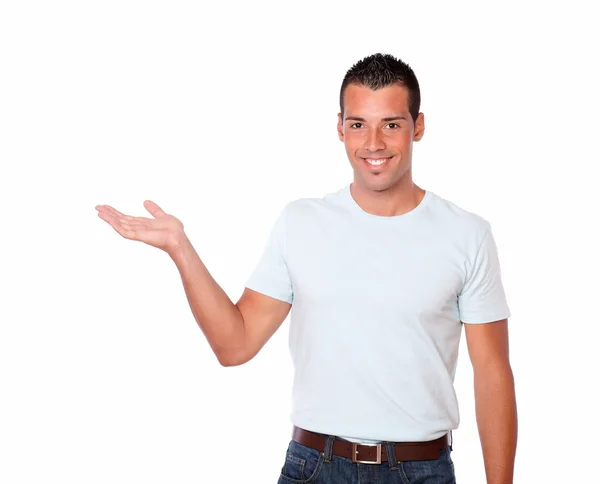 Charismatic guy holding out his right palm — Stock Photo, Image