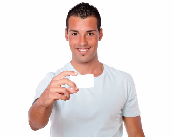 Latin man holding up a blank card — Stock Photo, Image