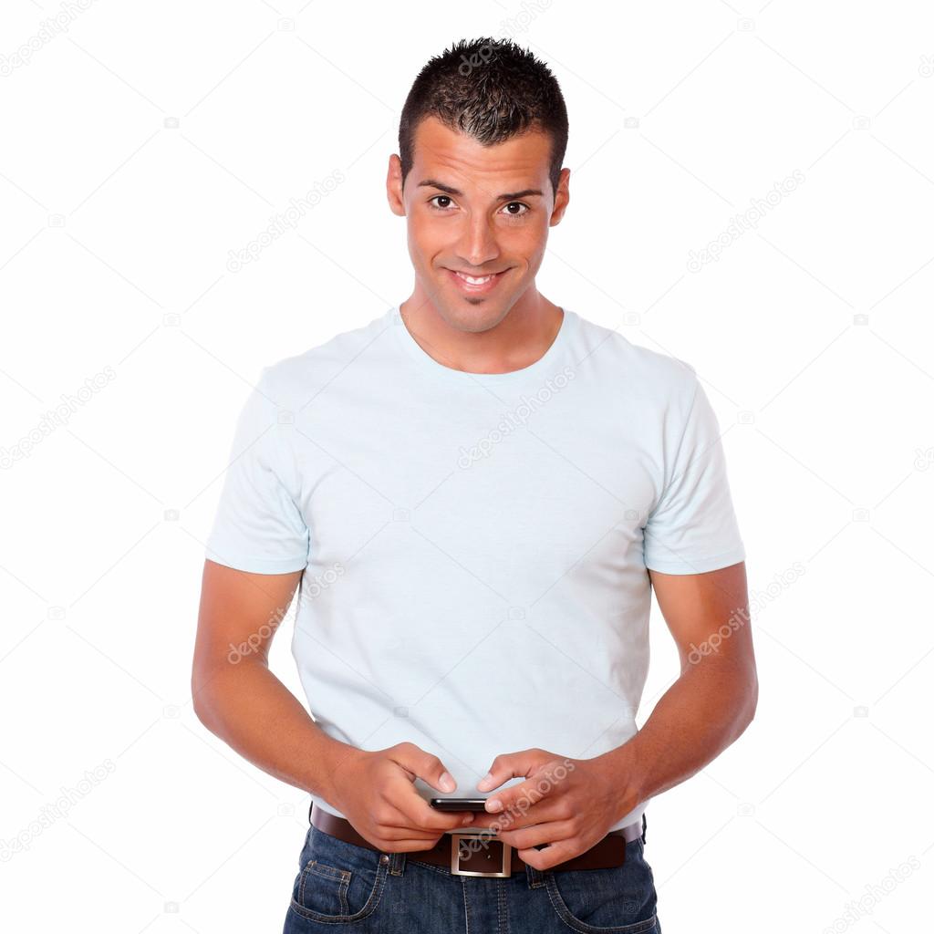 Charismatic man texting a message with cellphone