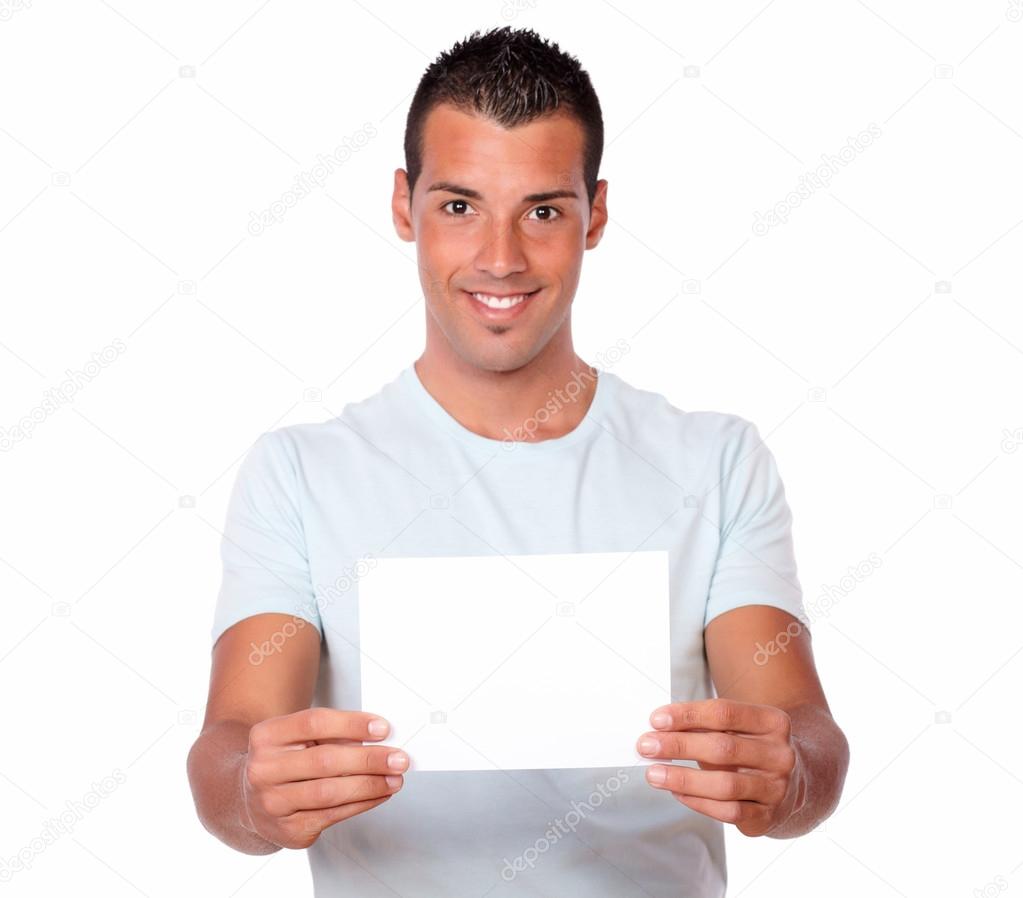 Hispanic man holding up a blank card