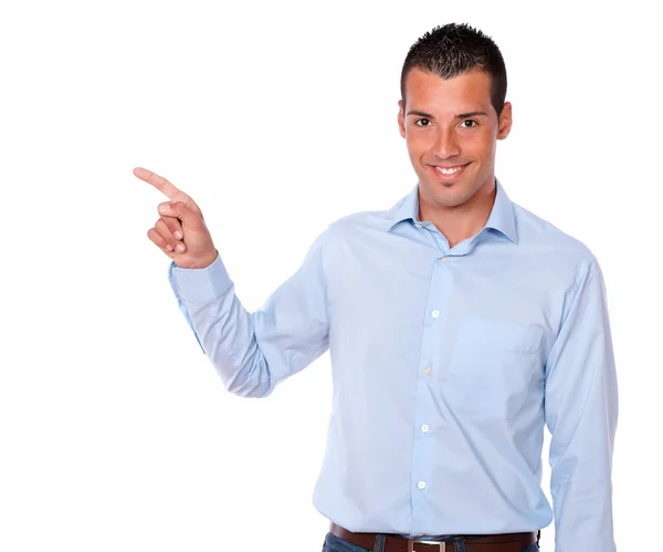 Charismatic man pointing to his right — Stock Photo, Image