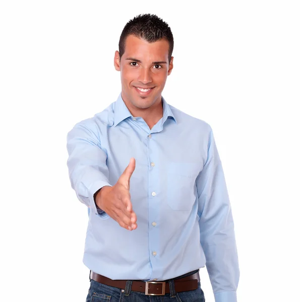Handsome adult man with greeting gesture — Stock Photo, Image