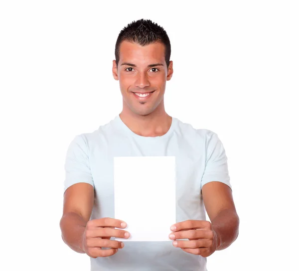 Handsome man holding a white card — Stock Photo, Image