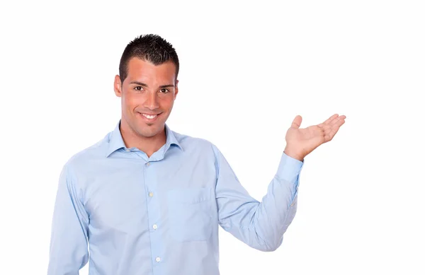 Charming man holding out his left palm — Stock Photo, Image