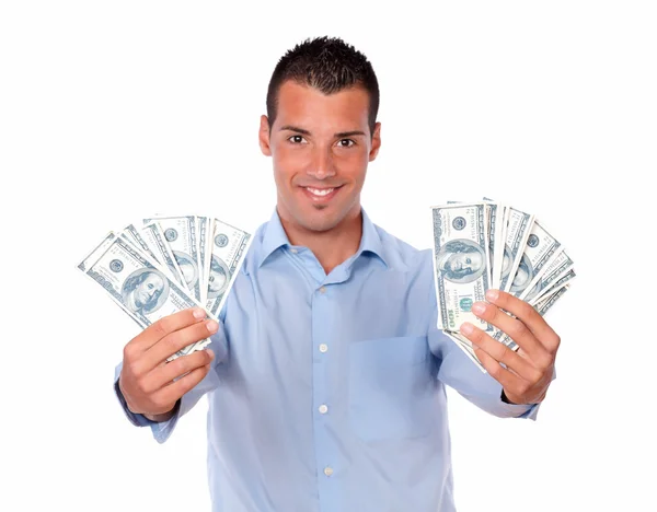 Dorosły facet przystojny trzyma swoje środki pieniężne — Zdjęcie stockowe