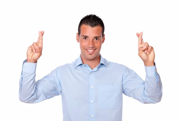 Charming hispanic guy with luck sign — Stock Photo, Image